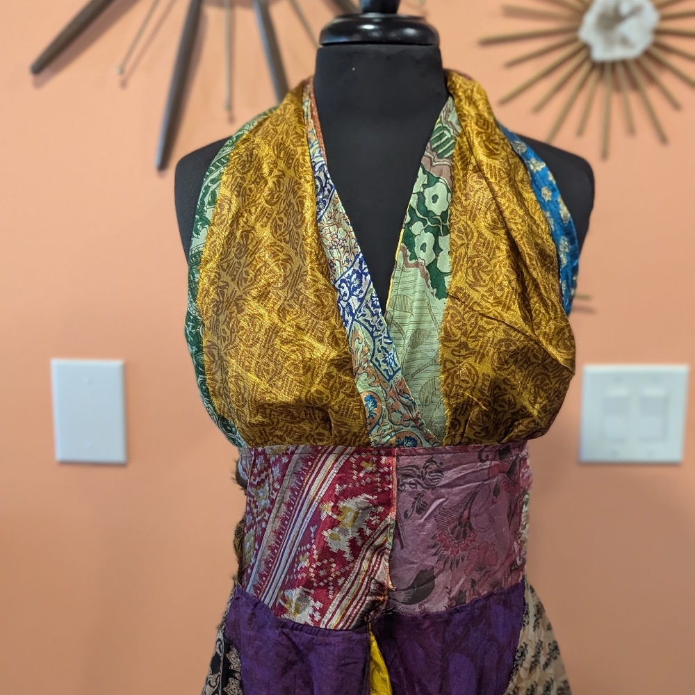 Bohenian Jack Pot Silk Multicolor Patchwork Halter Dress Maxi Festival - Picture 9 of 16